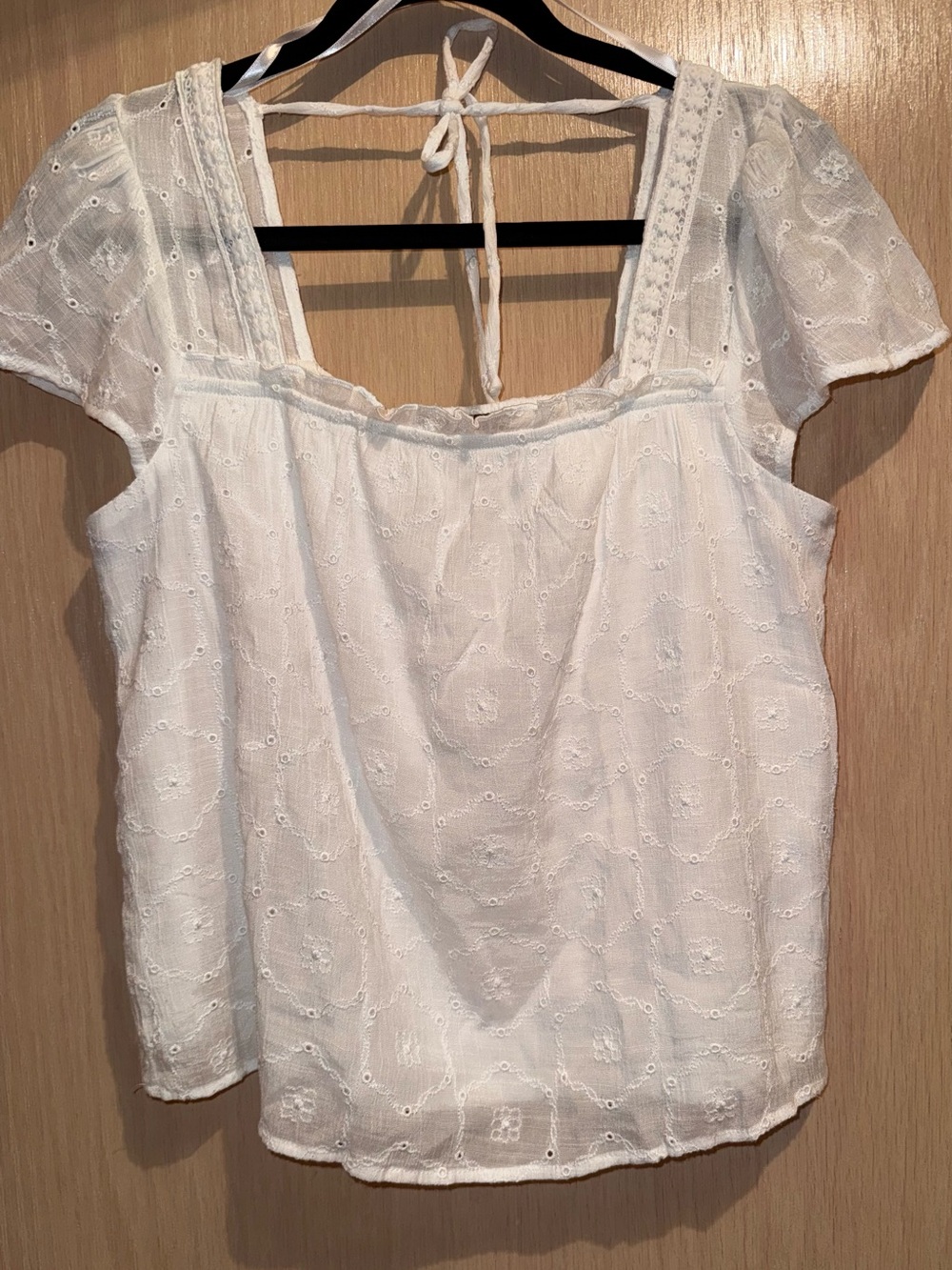 BCX White Eyelet Square-Neck Short Sleeve Blouse with Tie Back